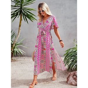 boho paisley Print v neck short Sleeve Split Side Belted maxi Dress hot pink